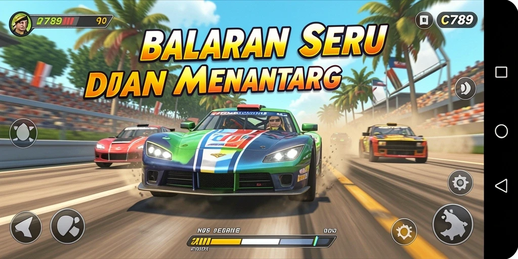 Screenshot menunjukkan aksi balapan seru di trek yang menantang.
