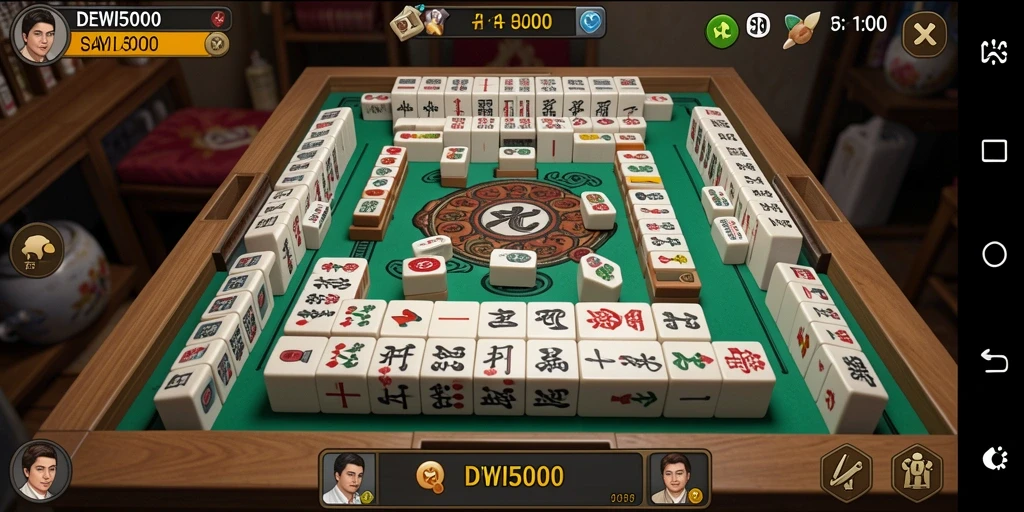 Tampilan gameplay DEWI5000 dengan ubin Mahjong yang berwarna-warni.