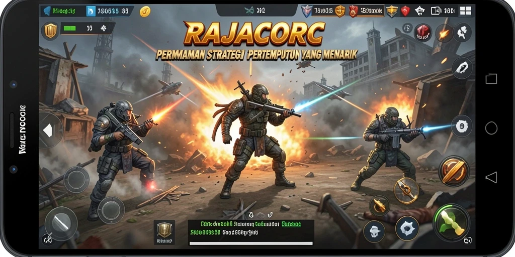 Tampilan screenshot utama RAJACORC yang menampilkan aksi pertempuran SLG yang intens.