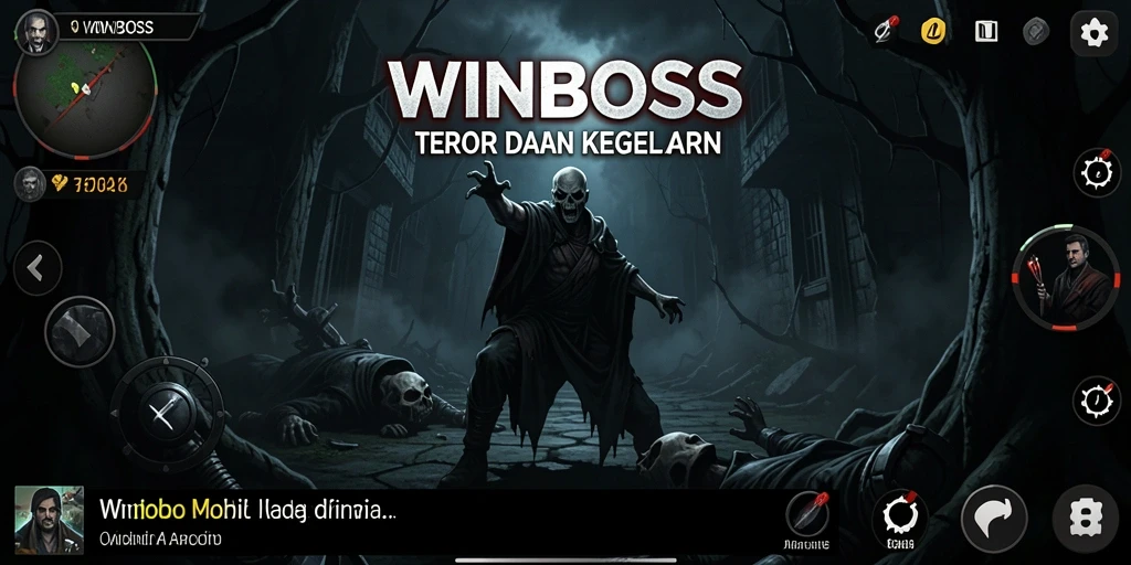Tangkapan layar dari gameplay <strong>WINBOSS</strong> yang menampilkan momen menakutkan dan suasana gelap.